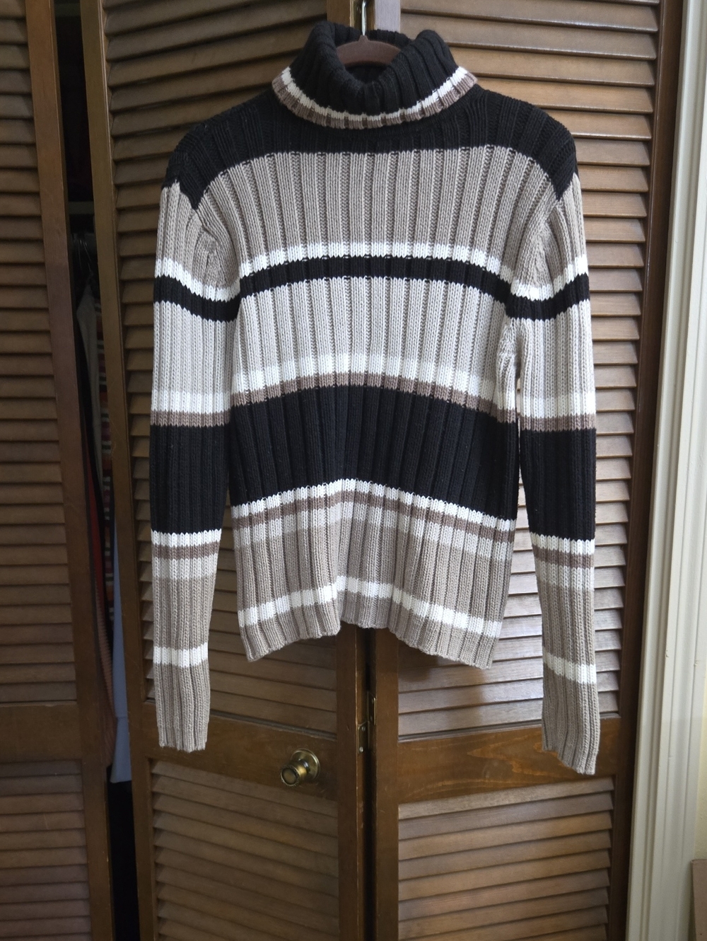 Relativity Striped Ribbed Turtleneck Sweater in Black, Cream & Tan